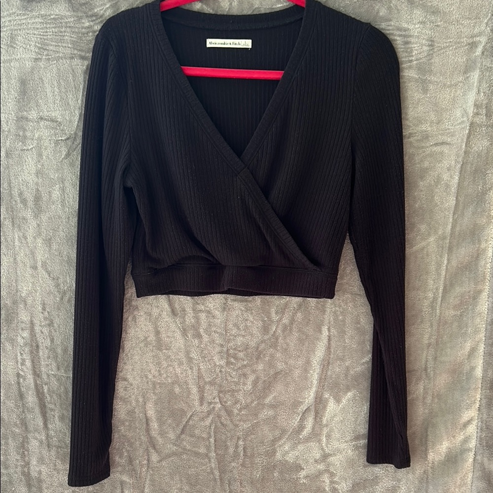 Aritzia Wilfred Black Ribbed Wrap-Front Long Sleeve Top